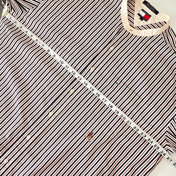 Vtg Tommy Hilfiger grandad Shirt Sz XL Crest Striped Poplin Band Collar preppy - Picture 14 of 16